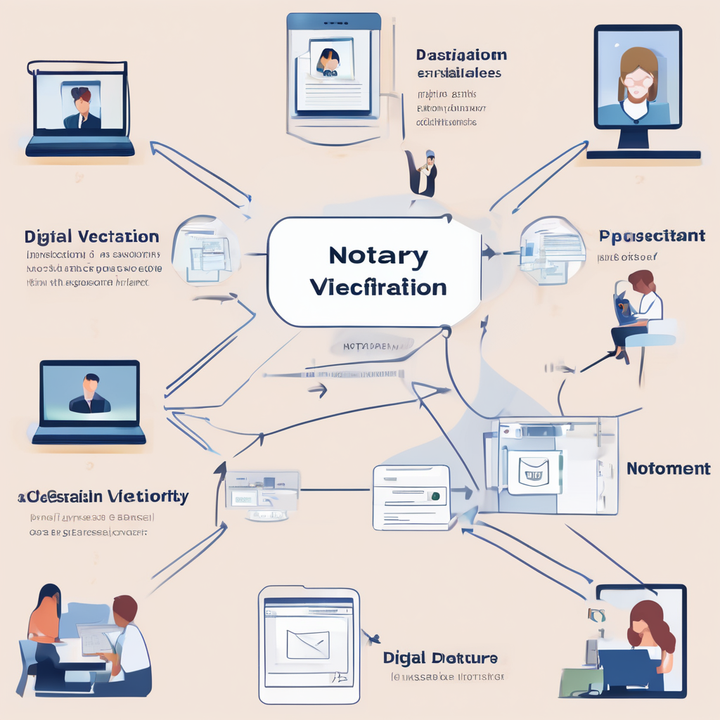 Illustration of the online notarization workflow, showing document upload, identity verification, and video session steps.