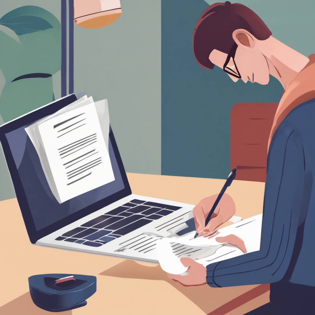 A person comfortably signing a document at home using a laptop.