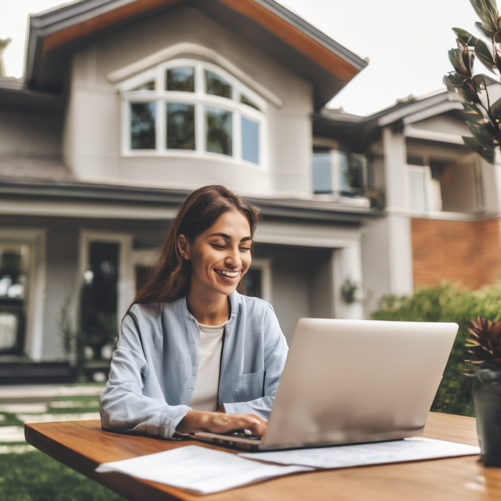 A suburban home with a person using a laptop for notarization