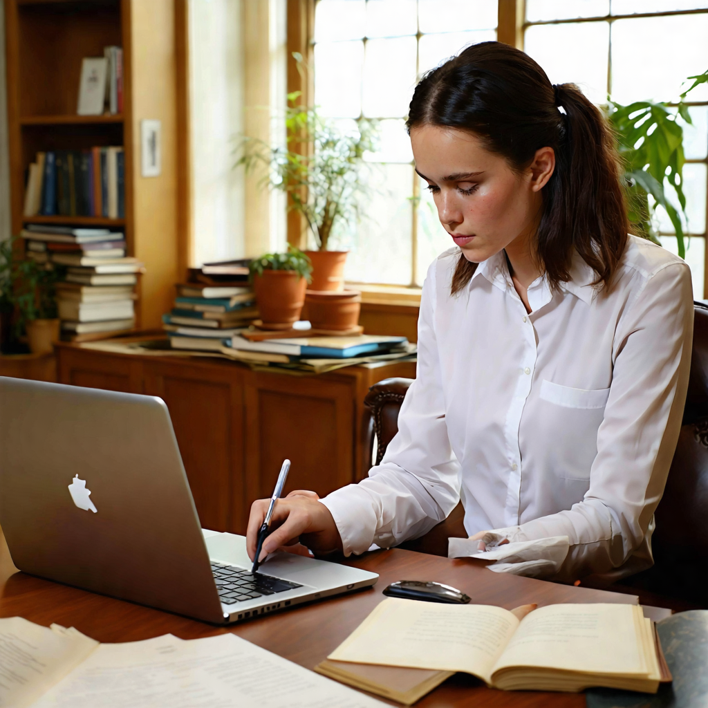 A busy professional using a laptop at home for notarization