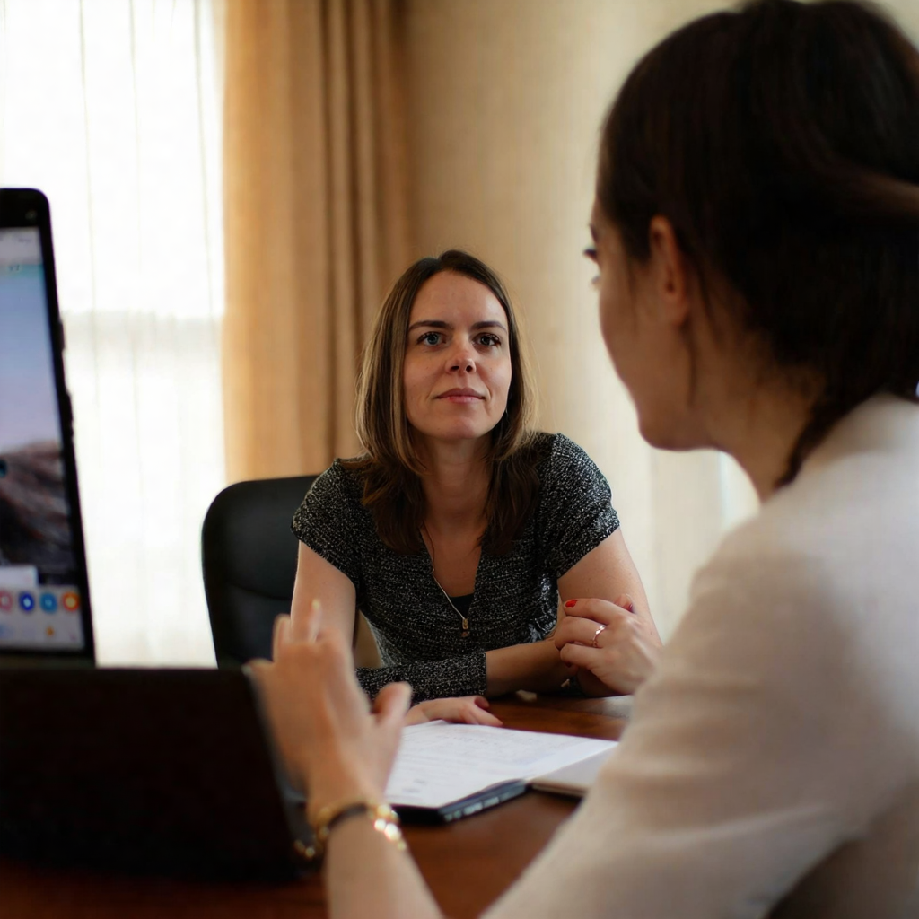 A person video chatting with a notary